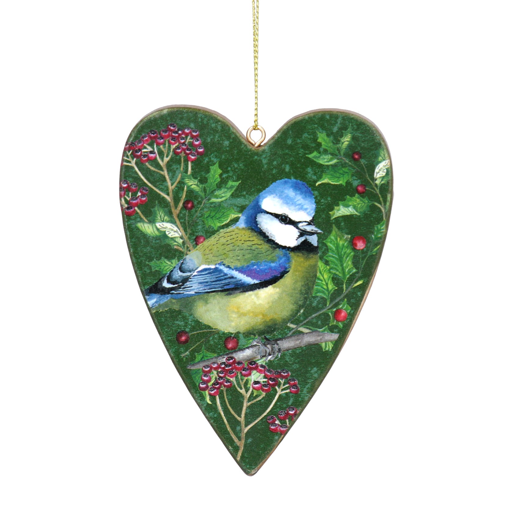 Green wooden heart Christmas hanging decoration with Bluetit and berries design. By Gisela Graham. The perfect festive addition to your home.